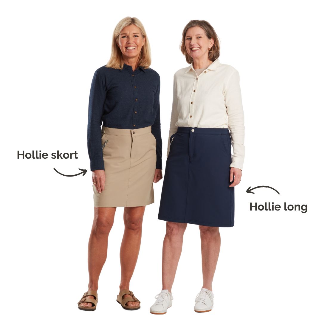 En jämförelse i längd mellan Hollie skort och Hollie long skort